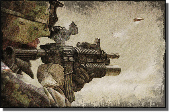 American Soldier Shooting Gun Painting on Stretched Canvas, Wall Art Decor Ready to Hang!.