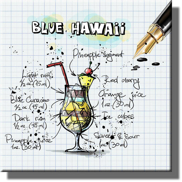 Blue Hawaii Recipe Drink Picture on Stretched Canvas, Wall Art Decor, Ready to Hang!