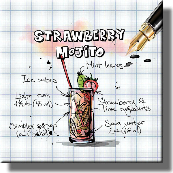 Strawberry Mojito Cocktail Recipe Picture on Stretched Canvas, Wall Art Decor, Ready to Hang!
