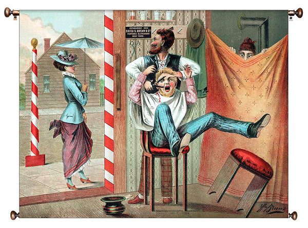 Barber Shop Funny Picture on Canvas Hung on Copper Rod, Ready to Hang, Wall Art Décor