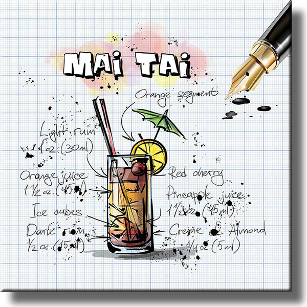 Mai Tai Cocktail Recipe Drink Picture on Stretched Canvas, Wall Art Decor, Ready to Hang!