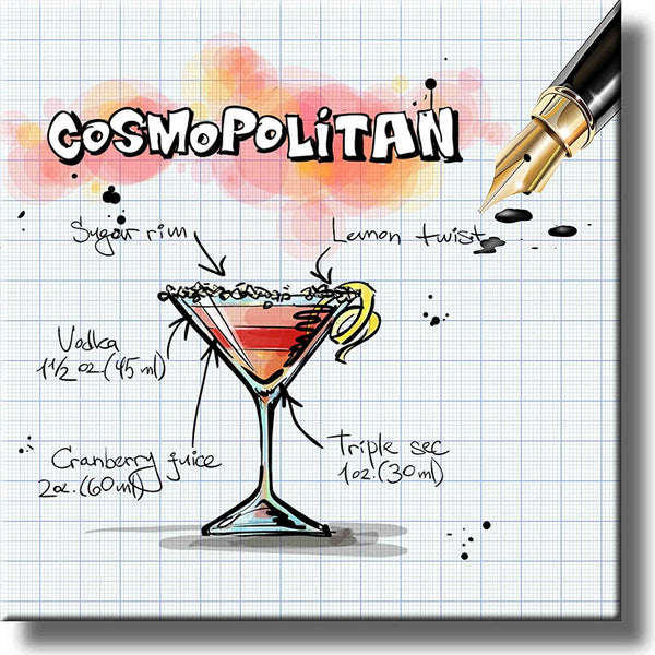 Cosmopolitan Cocktail Recipe Drink Picture on Stretched Canvas, Wall Art Decor, Ready to Hang!