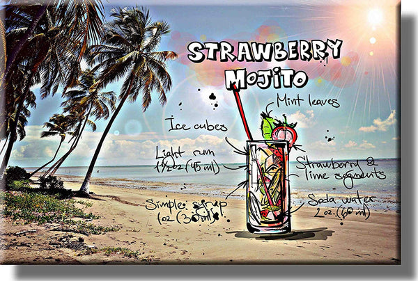 Strawberry Mojito Cocktail Recipe Picture on Stretched Canvas, Wall Art Decor, Ready to Hang!