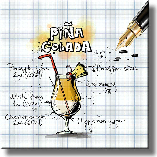 Pina Colada Cocktail Recipe Drink Picture on Stretched Canvas, Wall Art Decor, Ready to Hang!
